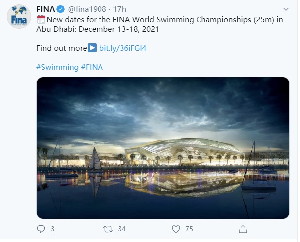 国际泳联：短池游泳世锦赛推迟一年 明年12月办