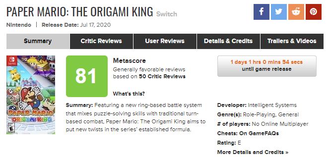 《纸片马力欧：折纸国王》MC均分81 IGN给出7分